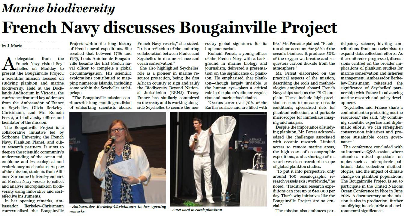 Article paru dans le quotidien seychellois Today suite à la conférence sur la Mission Bougainville
