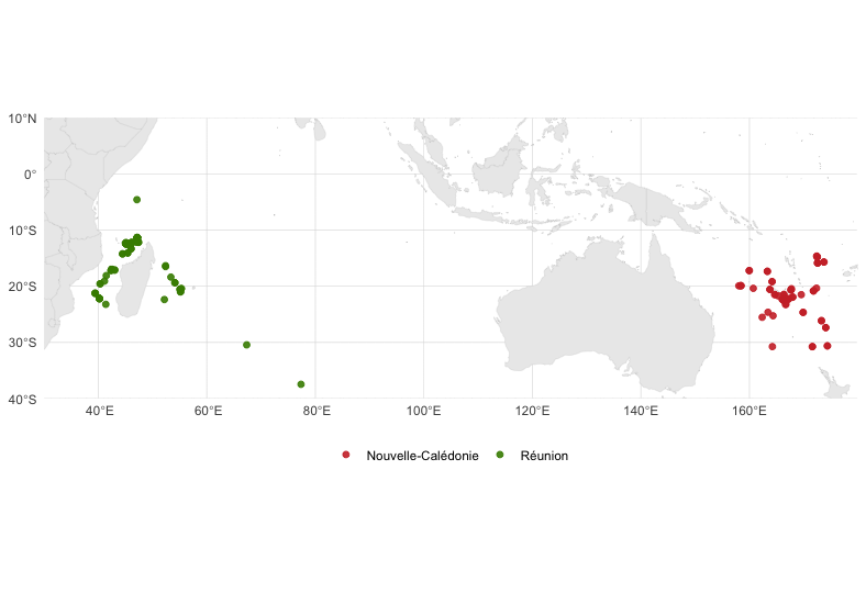 Figure 1 : Carte de l’échantillonnage autour de deux sites : la Réunion et la Nouvelle Calédonie (2023-2024)